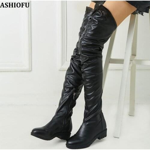 ASHIOFU Handmade Ladies Thigh High Boots Pleaed Foux-leather Sexy Over Knee Boots Night-club Party Prom Fashion Evening Boots