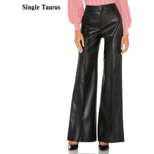 Faux Leather Black Wide Leg Pant Women 2021 Spring Loose High Waist Casual Streetwear Fashion PU Lady Mujer Pantalones Trousers