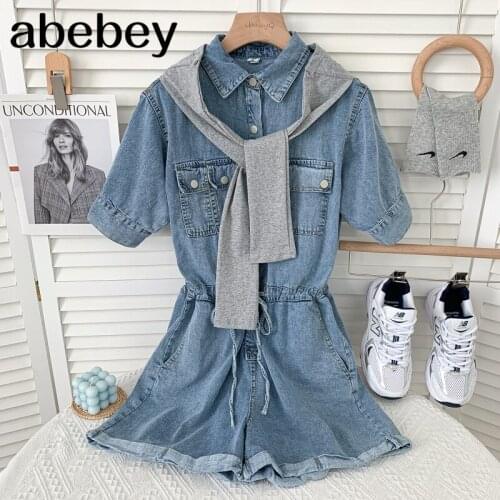 Fashion turn down collar short sleeve Rompers single breasted high waist lace up casual Wide Leg Denim Rompers 2021 New Summer