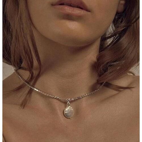 VSnow Fairy Glitter Rhinestone Irregular Baroque Natural Freshwater Pearl Pendant Necklace for Women Handmade Necklace Jewelry