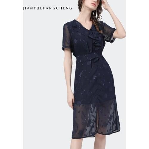 2021 Summer Elegant Blue Chiffon Dress Women Cut Floral Elastic Waist Slim Long Dresses V-Neck Ruffles Office Ladies Clothing
