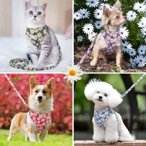 Dog Cat Harness and Leash Set Nylon Pet Vest Harness Dogs Walking Lead Rope Pretty Flower Print For Cats Small Medium Dogs