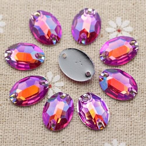 100pcs 11*15mm Sew on Rhinestones Purple ab Oval Resin Silver Flatback DIY Crystal Stones 2 holes For Dress Garment Decoration