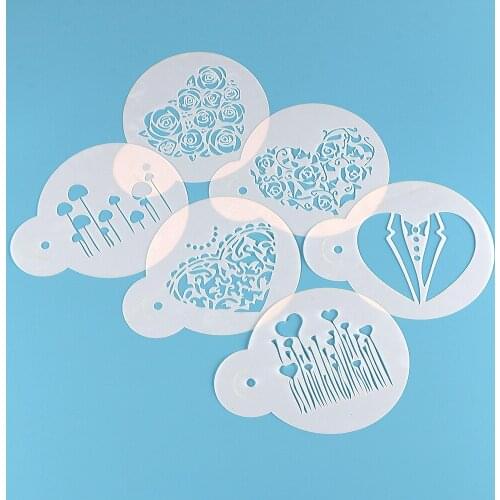 6PCS Valentines Day Heart Flower Cake Stencil Cake Decorating Tool Wedding Fondant Cake Mold Template Mold Baking Tool