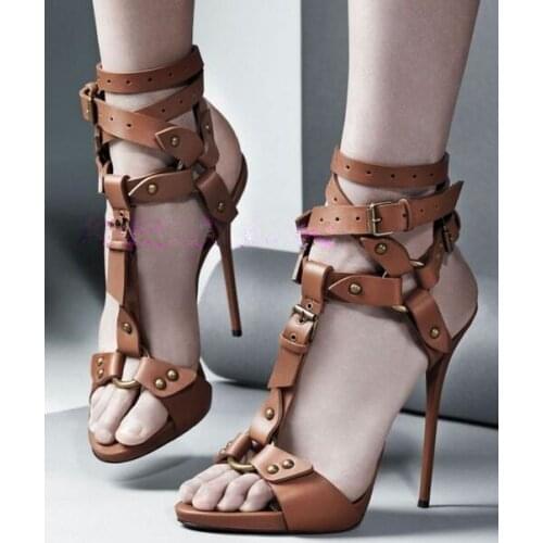 Black/brown leather ankle wrap buckles strap high heels sandals women peep toe gladiator sandals dress shoes big size sandal 43