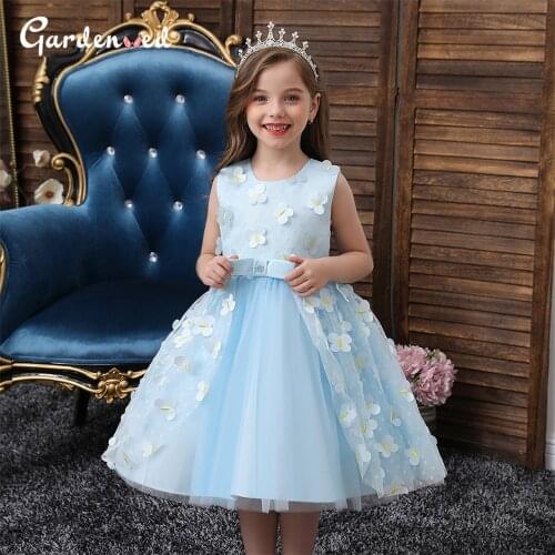 Tulle Flower Embroidery Kids Pageant Dress Girl Tulle Layers Little Bride Dresses Satin Bow Knot Girl Wedding Dresses