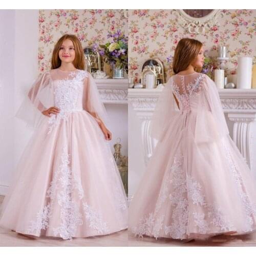 Lovely Light Pink Lace Appliqued Tiered Flower Girl Dress Vintage Tulle Birthday Party Pageant Formal Wedding Gown