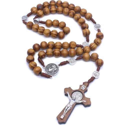 Fashion Handmade Round Bead Catholic Rosary Cross Religious Wood Beads Necklace Charm Gift