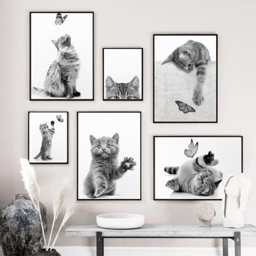 Black White Cat Butterfly Funny Animals Pet Art Canvas Painting Nordic Posters and Prints Wall Art Picture for Living Room Decor