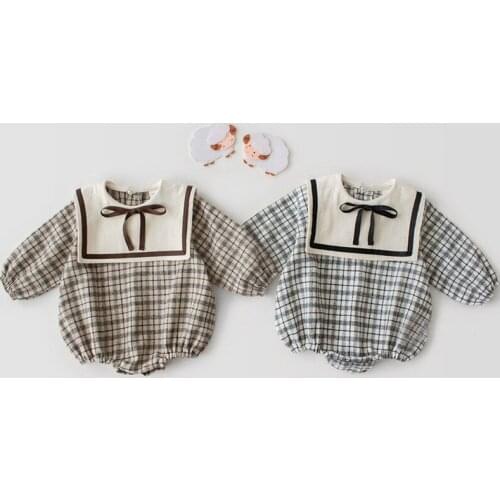Spring New Baby Childrens Clothing Baby Girls Long-sleeved Plaid Jumpsuit Navy Wind Climbing Suit Kids Rompers