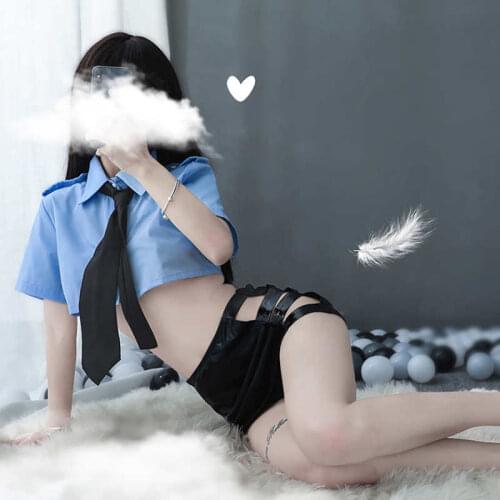 New Sexy Lingerie Traditional Shirt Short Waist Patent Leather Bag Hip Skirt Side Hollow Policewoman Uniform Set Cos Costume