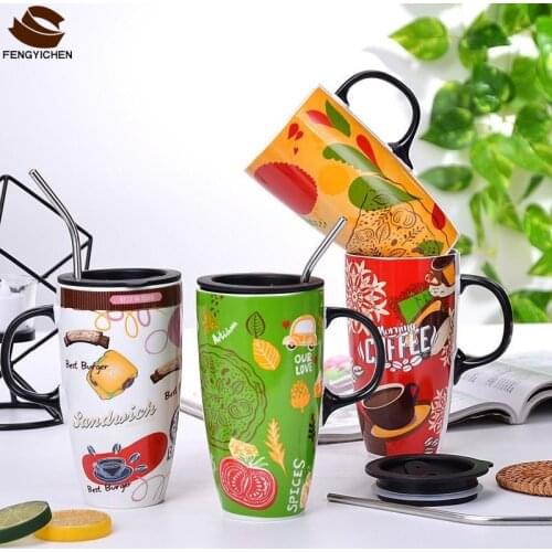 Fall Creative Cute Cartoon Ceramic Coffee Milk Mug Mugs Breakfast Cereal Juice Red Tea Cup Student Friend Gift Office Straw Cups