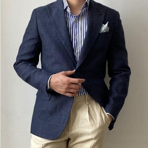 RICODESIGN mens fashion slim fit causal linen navy suit jacket business formal peak suit two buttons handmade tailored