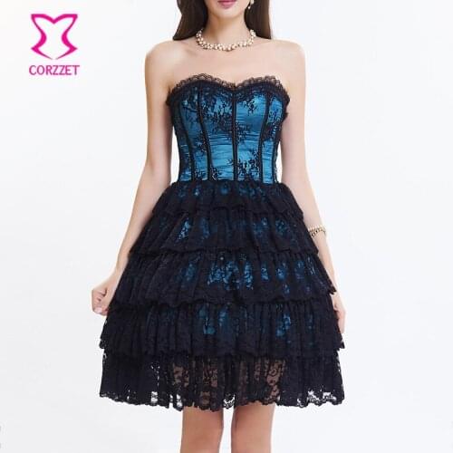 Blue Floral Lace&Satin Ruffle Trim Steampunk Corset Dress Sexy Corsets And Bustiers Burlesque Clothing Gothic Korsett For Women