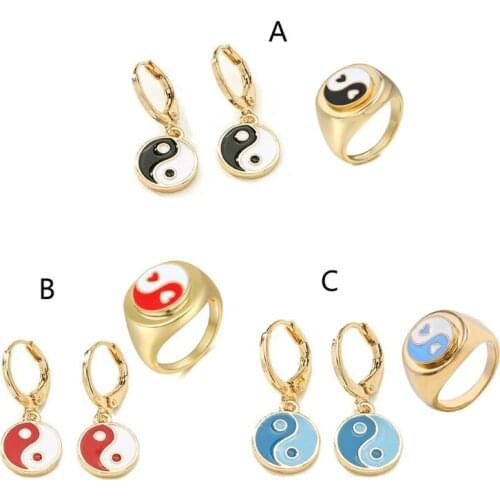 Vintage Color Dripping Gossip Earrings Simple Retro Yin Yang Tai Chi Earrings Ring For Women Girls Fashion Jewelry