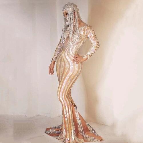 Shining Sequins Stripes Floor-length Tailing Dress Women Singer Host Models Evening Party Catwalk Stage Costume Bar Sexy Outfit