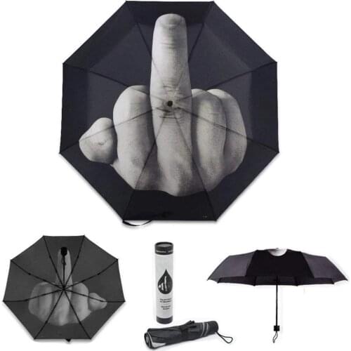 Funny Vertical Middle Finger Umbrella Women Man Windproof Folding Parasol Personality Black Outdoor Umbrellas for Sun Rain Days