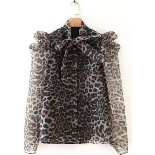 Women Vintage Puff Sleeve Animal Texture Print Transparent Organza Kimono Blouse Bow Leopard Blusas Women Tops