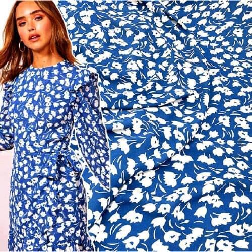 145cm Width Blue Back Small Floral Printed Polyester Cady Linen Fabric For Woman Girl Summer Long Dress Blouse Pants DIY Sewing
