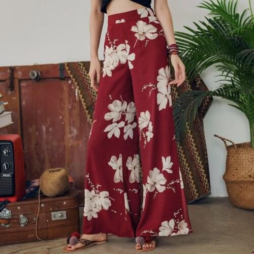 Bohemian Floral Print Wide Leg Pants Women Long Casual Pant Summer Boho Beach Vacation Elastic High Waist Chiffon Trousers