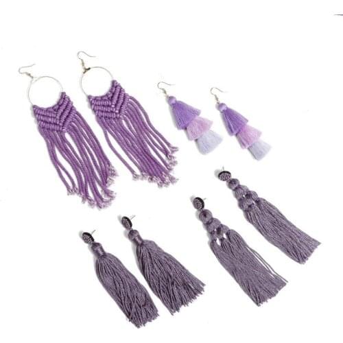 Boho Hand Woven Macrame Earrings Purple Beaded Cotton Thread Woven Long Fringed Dangle Earrings for Women Trendy Ethnic Jewelry