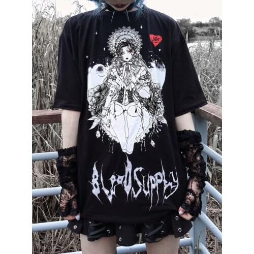 Harajuku Gothic Dark Black Print Short Sleeve T-Shirt Women Punk T Shirts O-neck Short Sleeve Top Tees Streetwear