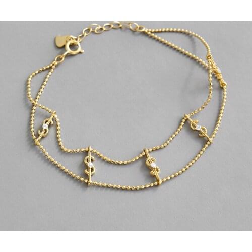 Korean style S925 pure silver Heart Dollar Letters chain Bead Bangle Zircon womens bracelet student chain ornaments