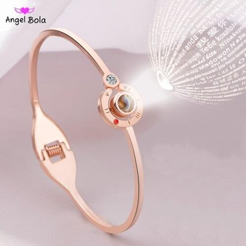 Fashion Stainless Steel Charm Women 100 Languages I Love You Memory Bracelet Rose Gold Roman Numerals Crystal Fashion Bracelet