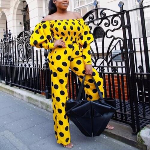 Polka Dot Lantern Sleeves Two-piece Set Women Top and Pants Set Fashion Suits