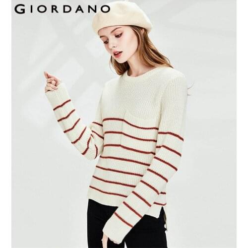 Giordano Women Sweaters Thick Stripe Pocket Crew Neck Pullover Sweater Single Pocket Slightly Thick Soft Pull Femme 05350620