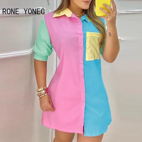 Women Button Front Pocket Design Colorblock Shirt Dress Casual Vacation Dress 2021