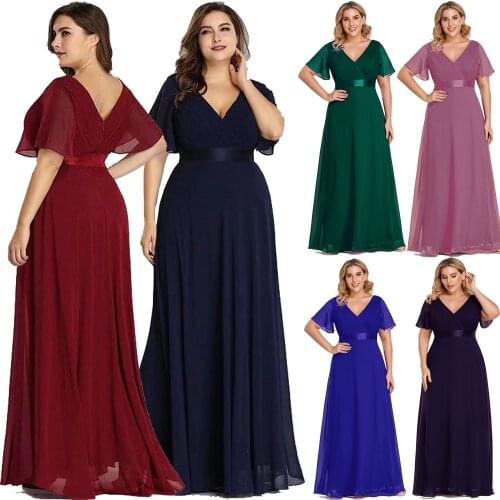 Plus Size Evening Dresses Long XUCTHHC Elegant A Line V Neck Ruffles Chiffon Formal Wedding Party Dress Robe De Soiree 2021