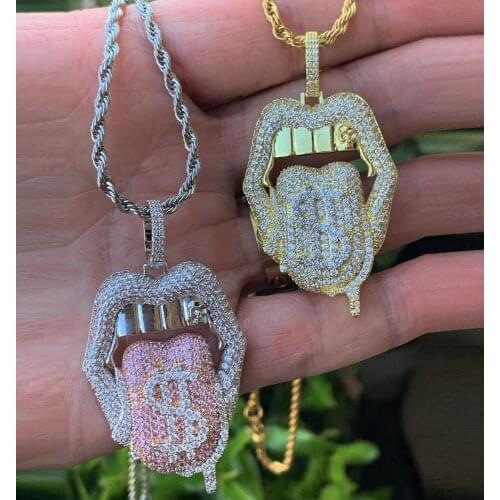 2020 All Hallows' Day Gift For Boyfriend Gold Color Micro Pave CZ Hip Hop Bling Mouth Lip Dripping Money Dollar Pendant Necklace