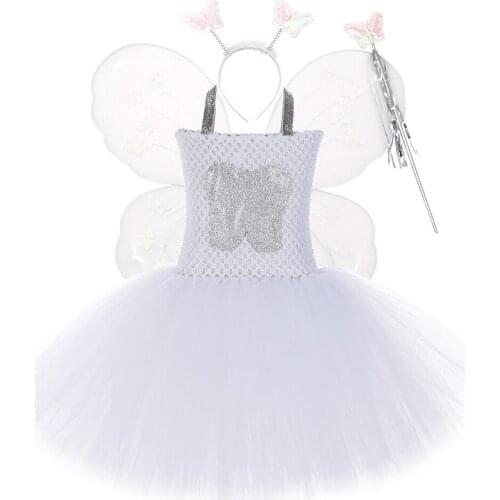 White Tooth Fairy Tutu Dress Outfit for Girls Princess Angel Wings Dresses Birthday Halloween Costume for Kids Toddler Tutus Set