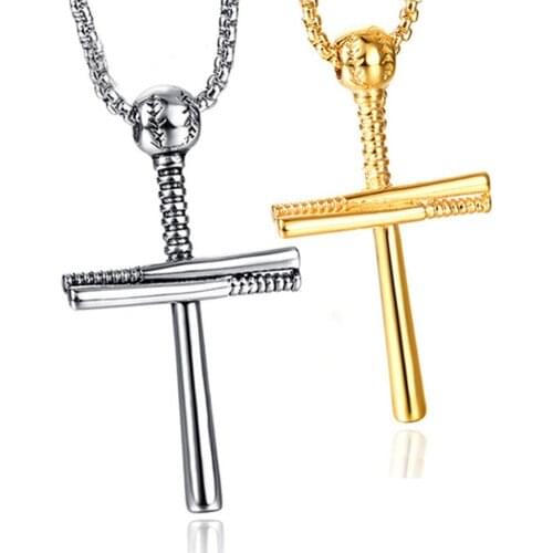 Black/Gold/Silver Color Cross Necklace Men Baseball Pendant Necklace Punk Style Party Long Chain Link Necklace Hip Hop Jewelry