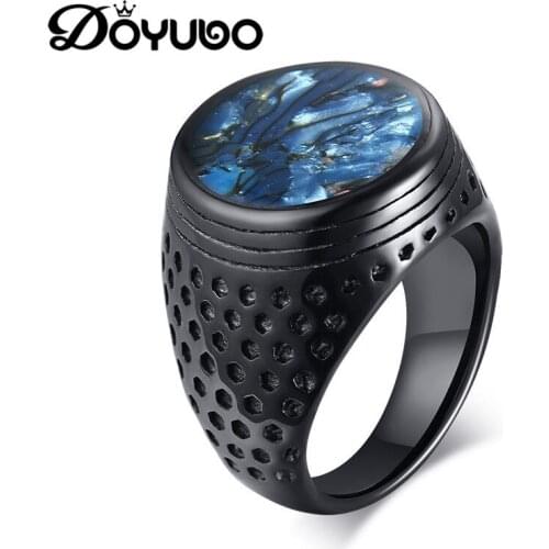 DOYUBO New Arrival Mens Black Stainless Steel Blue Shell Glue Ring Accessories For Party Male Fashion Ring Fine Jewelry DA129
