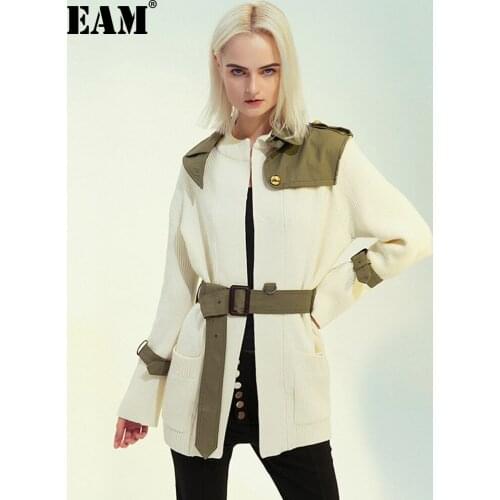 [EAM] Loose Fit Army Green Knitting Split Temperament Jacket New Lapel Long Sleeve Women Coat Fashion Tide Spring 2021 1M986