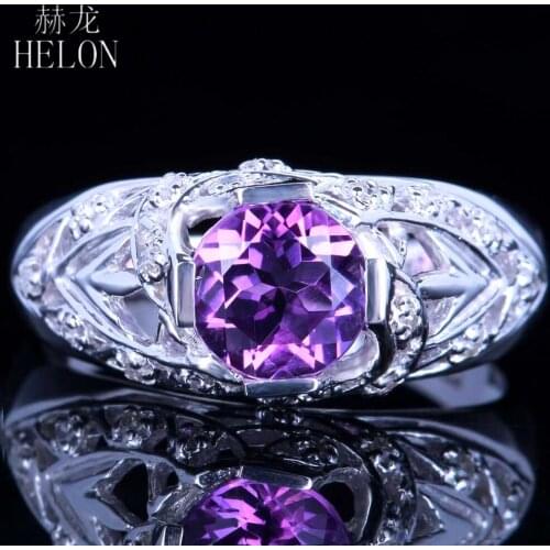 HELON Diamonds Ring Sterling Silver 925 Round 7mm Amethyst & Diamonds Engagement Ring For Lady Birthday Anniversarry Best Gift