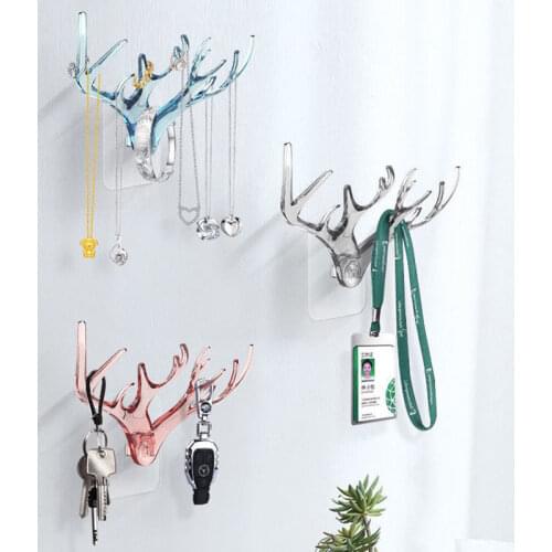 Creative Deer Head Wall Hooks Adhesive Antlers Key Holder Organizer Free Punch Hanging Clothes Hat Scarf Holder Shelves Stand