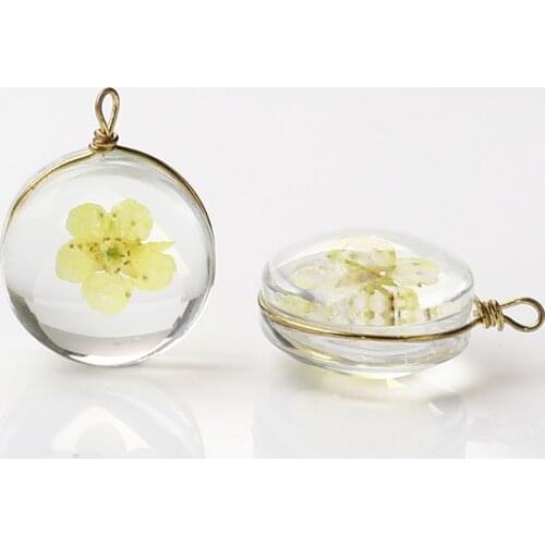 DoreenBeads Round Dried Flower Glass Charms Copper Transparent Pendants For DIY Necklace Earring Jewelry Making19*14mm, 2 PCs