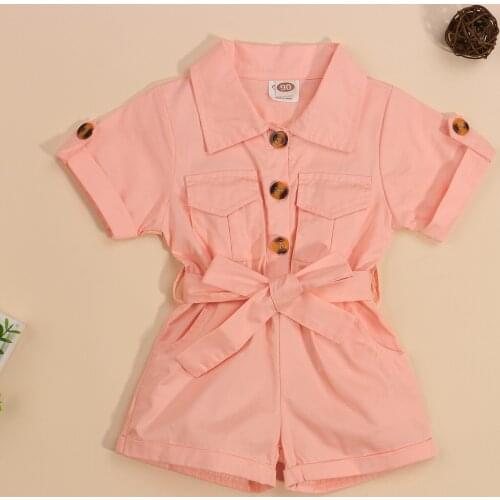 Summer Trendy Cute Baby Girl Lapel Single-breasted Jumpsuit Short Sleeve Solid Color Belted Loose Romper Shortalls