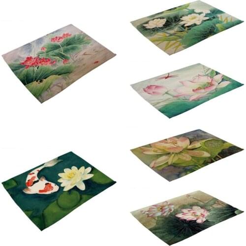 Lotus Flower Placemat for Pad Dining Table Mat Cloth Linen Flax Heat Insulation Non-Slip Placemats Bowl Coaster