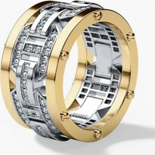 Business Mens Fashion Two Tone 925 Sterling Silver 14K Gold White Sapphire Diamond Band Ring Engagement Wedding Jewelry Rings