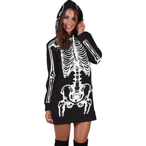 Form Fitting Black Women’s Skeleton Halloween Long Sleeve Costume Bodysuit with Front and Back Printing 10 Patterns to Choose