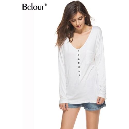 Bclout Streetwear Solid White Solid T-Shirt Women Long Sleeve Summer Tee Shirt Tops Female Pocket V-Neck Tunics Cotton Top 2020