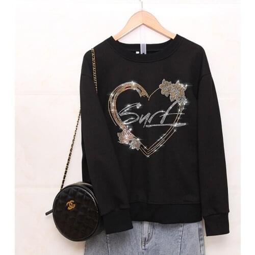 Autumn New Fashion black Loose Sweatshirts female personality Heart Pattern Hot diamonds Casual women Long sleeve tops pullovers