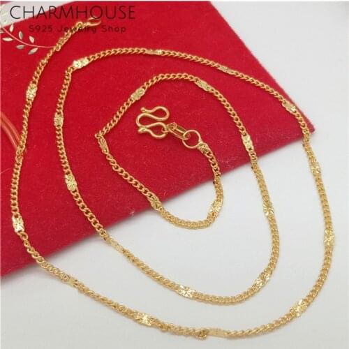 Charmhouse Pure Yellow Gold Color Necklaces for Women 2mm Link Chain Necklace Collier Choker Wedding Bridal Jewelry Accessory