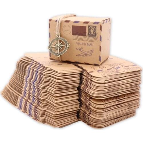 100pcs Vintage Favors Kraft Paper Candy Box Travel Theme Airplane Air Mail Gift Packaging Boxes Wedding Souvenirs