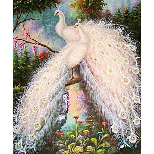 Full Drill Embroidery Pattern Cross Stitch White Peacock Diamond Painting DIY Mosaic Needlework Gift Home Decor Wall Sticker Set