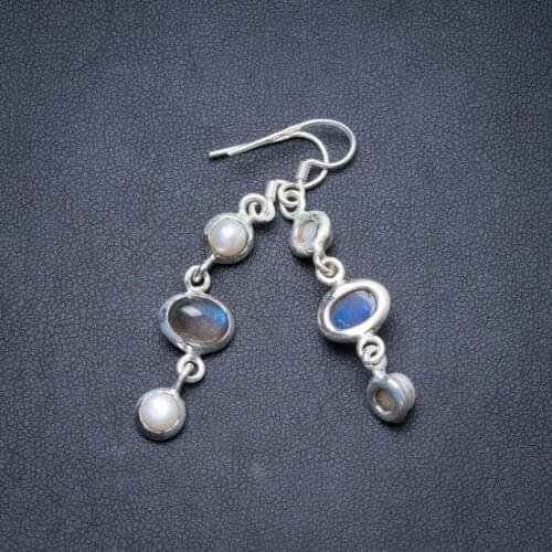 Natural Labradorite and River Pearl Handmade Unique 925 Sterling Silver Earrings 2" Y2303